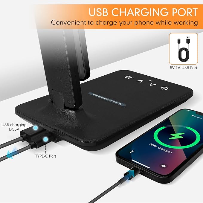 LED Desk Lamp Dimmable Table Lamp with USB Charging Port, 5 Lighting Modes, Sensitive Control, Foldable Portable Desk Light for Home Office Bedroom Reading (Black-Pro, Standard Size - 13.3 inch)