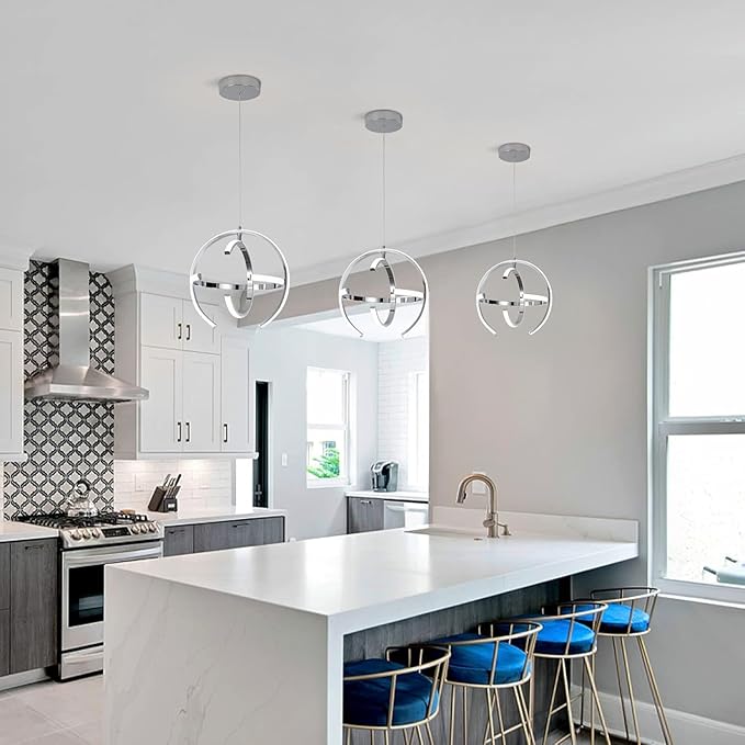 Modern Chrome LED Pendant Light, 13 Inch Silver Dimmable Metal Globe Chandelier, Hanging Ceiling Light Fixture for Room Dining Bedroom Living Room Kitchen Island Hallway Entryway Foyer (3-Pack)