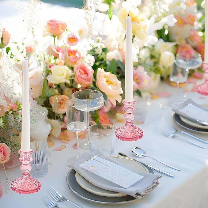 Glass Candlestick Holder,Striped Taper Candle Holders,Set of 6 Candle Stand for Table Centerpieces, Home Decor,Weddings,Festival and Parties (Peach Red Dimond)