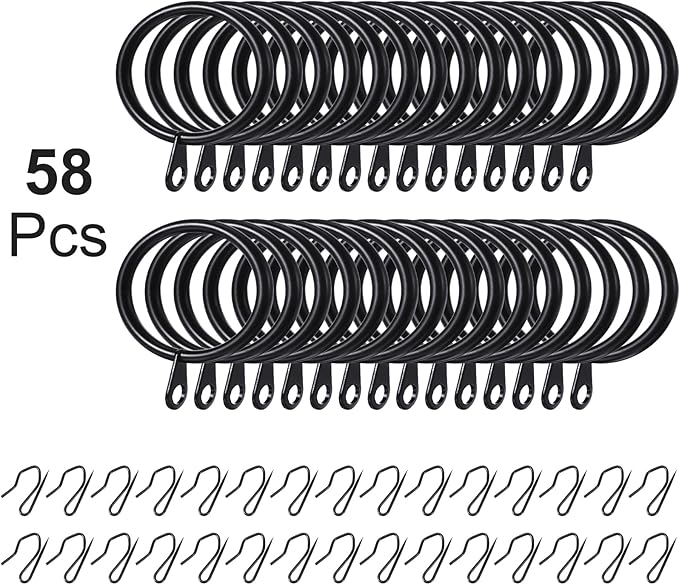 Hotop 60 Pieces 1.26 Inch Metal Drapery Curtain Rings Curtain Hanging Rings and 60 Pieces Metal Drapery Pin Hooks for Drapes Window Door Shower (Black)