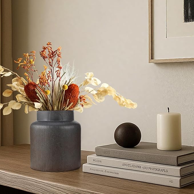 Rustic Vases for Decor, Farmhouse Ceramic Vase for Flowers, Vintage Decorative Vase for Home Decor, Dining Table, Living Room, Shelf, Kitchen, Bedroom (Dark Brown)