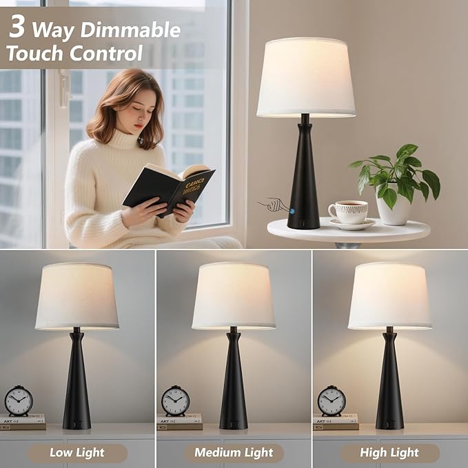 Seealle Modern Table Lamps Set of 2 - Touch Bedside Lamp for Nightstand with USB C+A,3-Way Dimmable Black Nightstand Lamps for Living Room Bedroom End Table(Bulb Included)