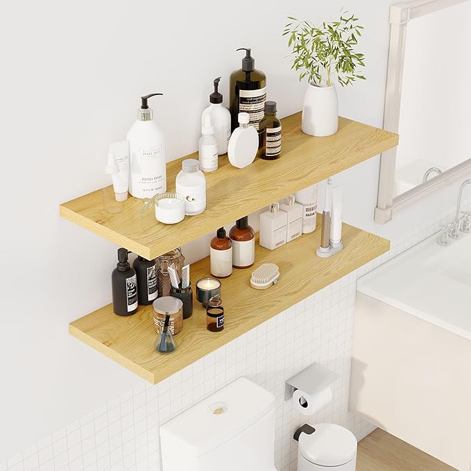 Dreamland 40" Floating Shelves for Wall, 12" Deep Slim Oak Floating Shelves, Wall-Mounted Shelves for Bedroom, Living Room, Kitchen, Bathroom - Set of 2