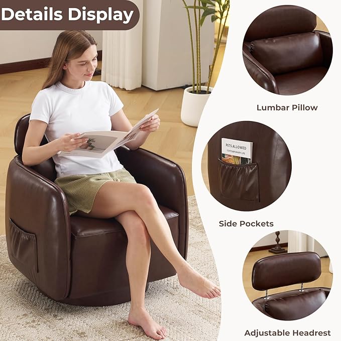 Modern 360° Leather Swivel Accent Chair with Adjustable Headrest, Chenille Accent Chair for Living Room, Vanity Chair for Makeup, Swivel Barrel Chair with Lumbar Pillow, Comfy Barrel Armchair, Brown