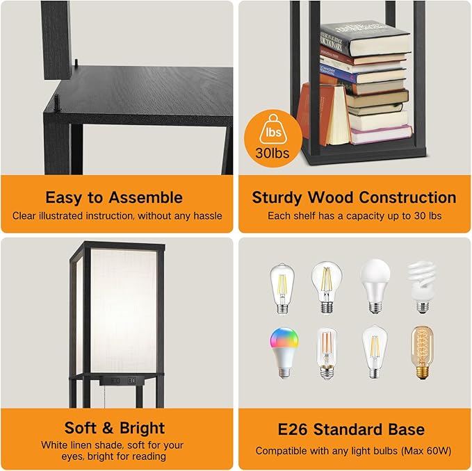 OUTON Floor Lamp with Shelves, Dimmable Shelf Floor Lamp with Remote, 1USB & 1 Type C Ports, 1 Power Outlet, Modern Standing Lamp with 4 Color Temperature for Living Room, Bedroom, Matte Black