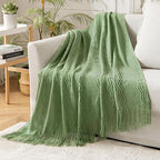 MIULEE Sage Green Knitted Throw Blanket for Couch Textured Spring Knit Blanket with Tassels Cozy Woven Boho Bed Blanket for Sofa Bed Chair Acrylic Wave Pattern 50"x60"