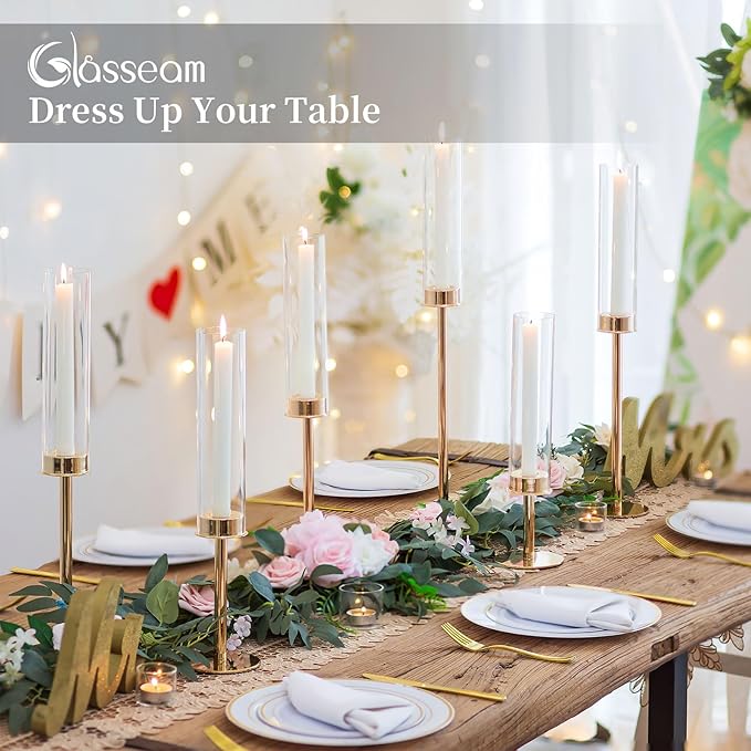 Gold Candlestick Hurricane Candle Holder: Glasseam Matte Candlestick Holders for Taper Candles Bulk 12, Modern Candle Stick Candle Holder with Glass Chimney, Fireplace Candle Holder for Dining Table
