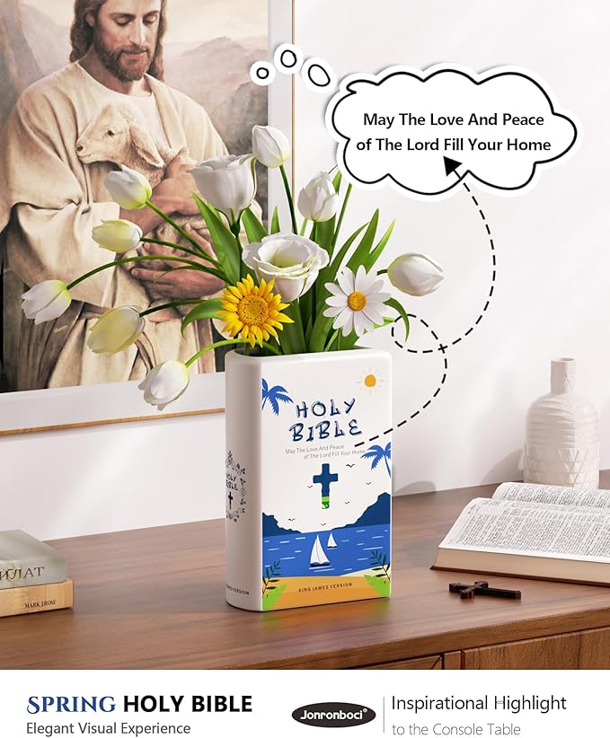 Bible Blessings Summer Flower Vase - Modern Ceramic Book-Shaped Vase for Flowers - Christian Desk Decor for Prayer Room, Dining Table, Coffee Table, Entryway Console, Religious Gifts(Blue Summer, XL)