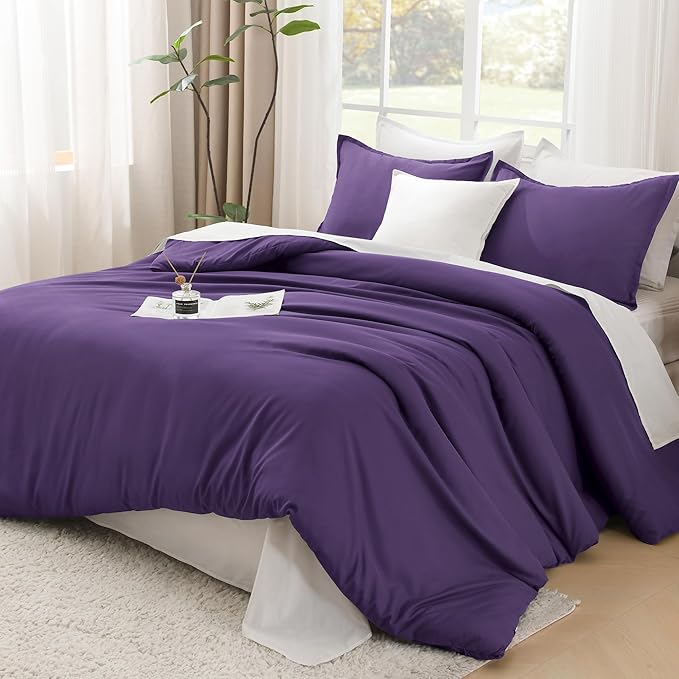 Litanika Purple Comforter Set King Size, 3 Pieces Lightweight Solid Bedding Comforter Set, All Season Fluffy Bed Set (104x90In Comforter & 2 Pillowcases)