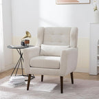 Accent Chair, Comfy Upholstered Living Room Chairs with High Tufted Backrest and Pillow, Wingback Reading Chair with Solid Wood Legs for Bedroom/Office, Chenille Fabric, Beige