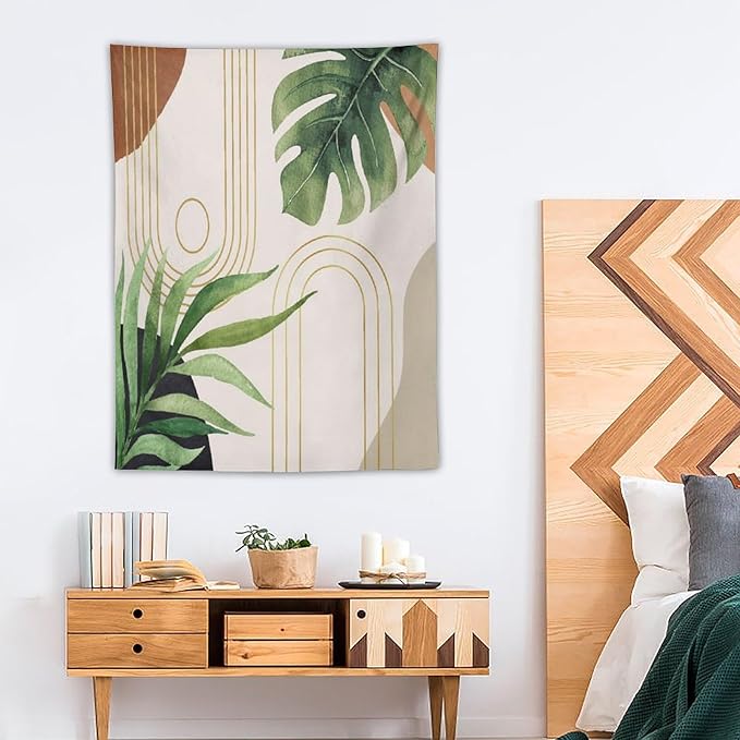 Abstract Boho Tapestry, Mid Century Tropical Tree Leaves Modern Geometric Arch Bohemian Botanical Tapestry, Home Aesthetic Wall Hanging Art Decor for Living Room Bedroom Dormitory 60x60 Inch