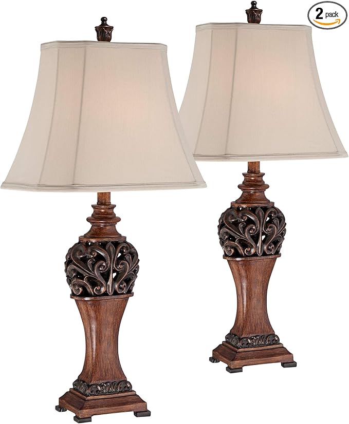Regency Hill Exeter Traditional Style Table Lamps 30" Tall Full Size Set of 2 Bronze Wood Carved Leaf Creme Rectangular Bell Shade Decor for Living Room Bedroom House Bedside Nightstand Office