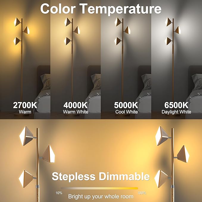 PARTPHONER RGB Tree Floor Lamp for Living Room, Stepless Dimmable Tall Standing Lamp with Remote, Touch Control and 3 Rotatable Light, Bright LED Lights for Bedroom with 4 Color-Changing, Gold