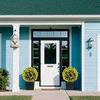 Set of 2 Artificial Boxwood Topiary Ball Trees with Yellow Flowers for Outdoor with Ground Spike 29.5", UV Resistant Faux Greenery Shrubs, Fake Plants for Garden, Porch, Patio Valentine's Day Decor