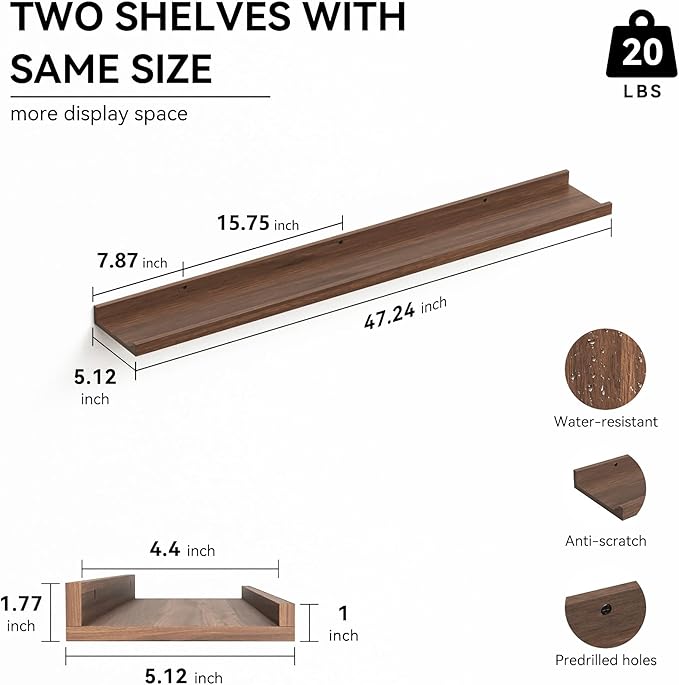 47.2 Inches Long Floating Shelves Wall Mounted, 2 Set Farmhouse Wall Shelf for Bedroom, Nursery Book Shelf with Lip, Picture Ledge Shelf for Decor Living Room Bathroom Kitchen - Walnut