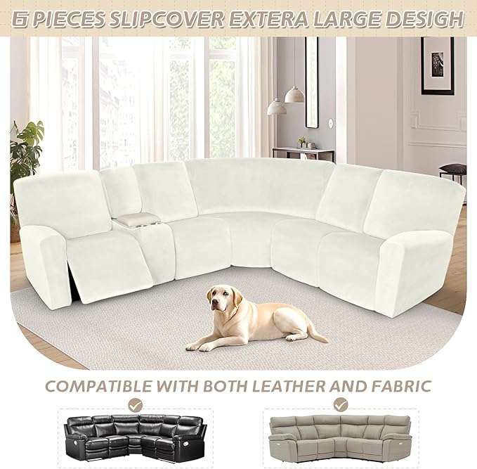 Arfntevss Sectional Recliner Couch Covers Velvet Washable Corner Sectional Sofa Cover for Reclining Stretch Soft Thick L Shape Recliner Slipcover Set (5 Seat with 1 Console Cover, Cream)