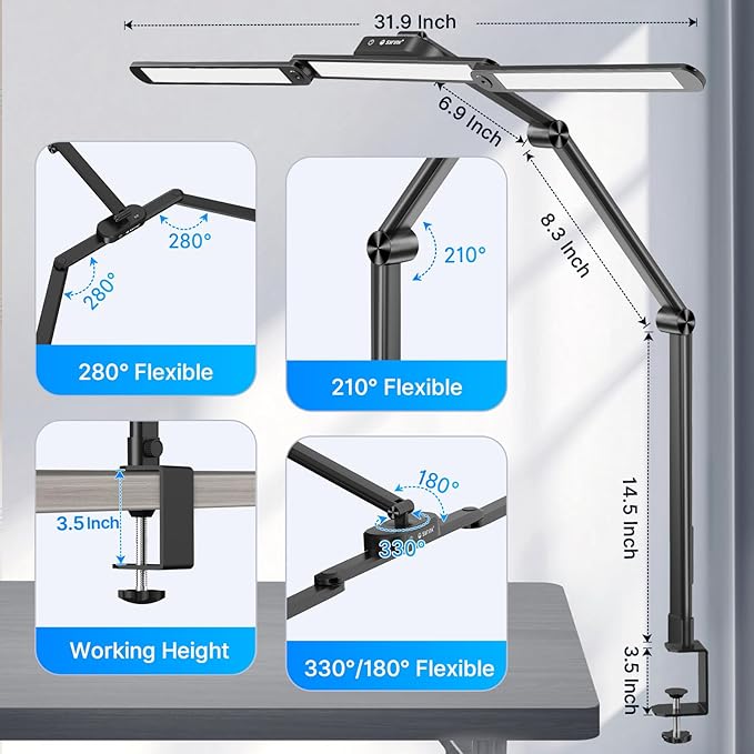 Syrinx LED Desk Lamp, Architect Desk Lamps for Home Office with Gesture Switch & Remote Control, 24W Bright Desk Light with 50 Light Modes Eye-Caring Desk Lamp with Clamp for Reading Study Workbench
