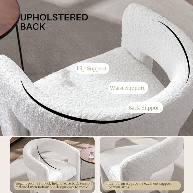 White Boucle Dining Chairs Set of 6, Modern Barrel Dining Room Chairs Upholstered Faux Fur Accent Chair with Arms and Round Back for Living Room Kitchen Armchair No Assembly Needed