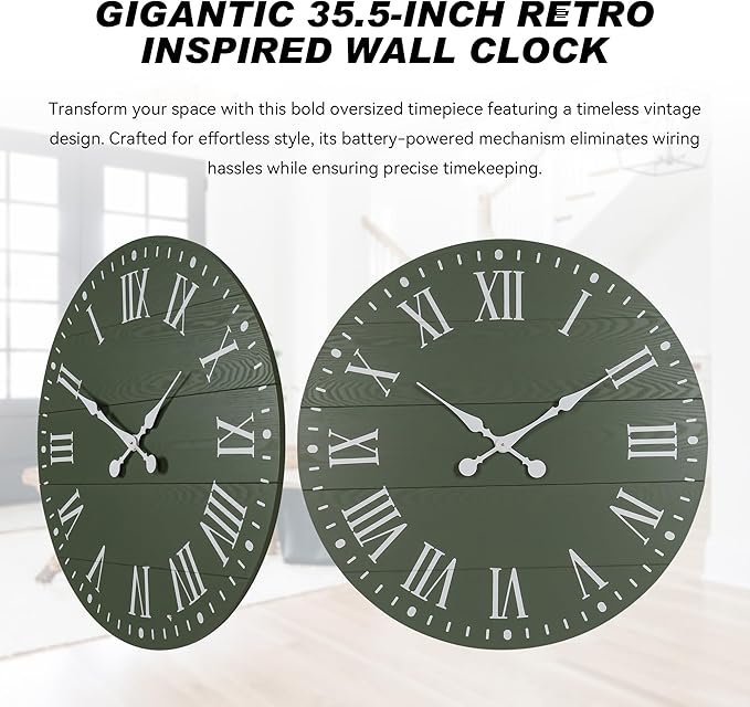 Large Wall Clock with Roman Numeral, 35” Shiplap Wall Clock Farmhouse Nearly Non-Ticking, Round Clock for Living Room Decor, Office, Bedroom, Entrance, Green