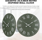 Large Wall Clock with Roman Numeral, 35” Shiplap Wall Clock Farmhouse Nearly Non-Ticking, Round Clock for Living Room Decor, Office, Bedroom, Entrance, Green