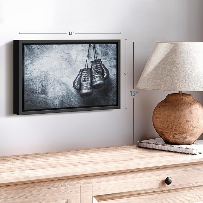 ElephantStock Boxing Gloves Wall Art - Horizontal Framed Canvas - 1-Piece Living Room Wall Decor - Photography Sports Canvas Print - Black and Gray Decor for Wall - 13" X 9"