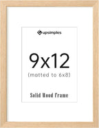 upsimples 9x12 Frame, Natural Solid Wooden Picture Frames, Display 6x8 with Mat or 9 x 12 Without Mat, Wall or Tabletop, 1 Pack, Natural