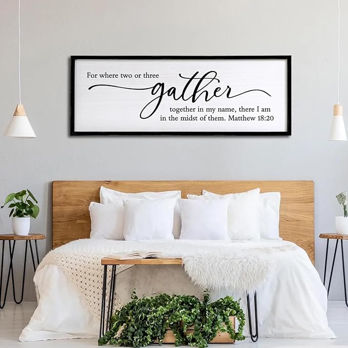 For Where Two Or Three Gather Sign Dining Room kitchen Wall Decor Bible Verse Scripture Matthew 18:20 Wooden Frame 32X12 Inch for Christian Family Hanging Art (Black)