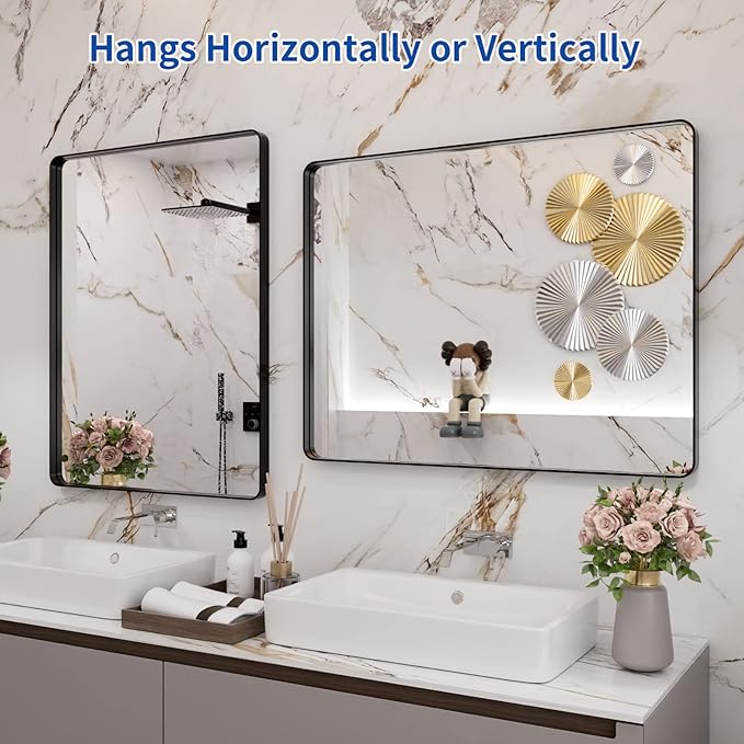 WEER Black Bathroom Mirror for Wall 28X36 Inch, Rectangular Black Metal Framed Vanity Mirror, Farmhouse Bathroom Mirror with Tempered Glass, Rounded Corner, Anti-Rust (Horizontal/Vertical)