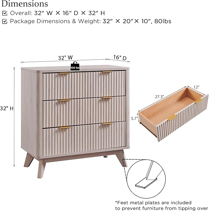 T4TREAM Fluted 3 Drawer Dresser, 32" Tall Modern Chest of Drawers, Curved Profile Design, Wood Drawer Organizer for Bedroom, Living Room, Hallway, Entryway, White Alder