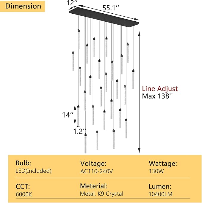 Rectangular Chandeliers 26-Lights Long Light for Entryway LED Dimmable Chandeliers Lighting Fixture Flat Sloped High Ceiling Pendant Lights Crystal for Living Room Foyer Hallway Staircase Black