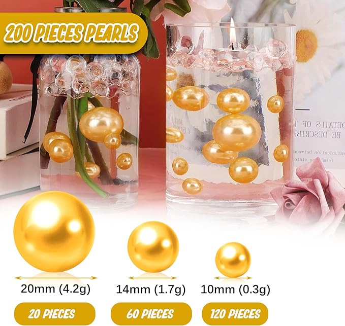 200 PCS Golden Yellow Vase Fillers, Gold Yellow Vase Filler Beads for Centerpieces Vases, 10/14/20 MM Fake Beads Pearls for Vases, Gold Yellow Pearls for Vase Filler, Floating Vase Fillers Decor