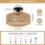 Boho Light Fixtures Ceiling Mount, Mini Boho Rattan Chandelier, Woven Flush Mount Ceiling Light Fixture for Hallway Bedroom Kitchen Entryway Living Room Nursery