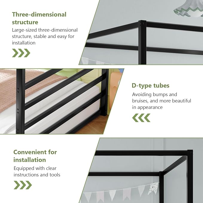 Canopy Floor Bed for Kids – Full Size, Matte-Black Steel Frame with Safety Fence, Unisex Design for Boys & Girls, Box Spring Required, Quick Assembly (Full)