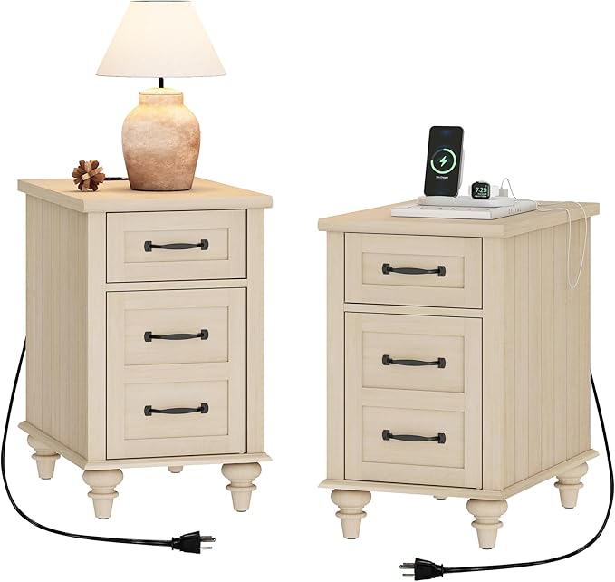 WAMPAT Set of 2 End Tables with Charging Station, Beige Tall Side Table with Storage Cabinet & Drawer, Wooden Nightstands with Power Outlets & USB Ports for Bedroom, Living Room