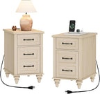 WAMPAT Set of 2 End Tables with Charging Station, Beige Tall Side Table with Storage Cabinet & Drawer, Wooden Nightstands with Power Outlets & USB Ports for Bedroom, Living Room