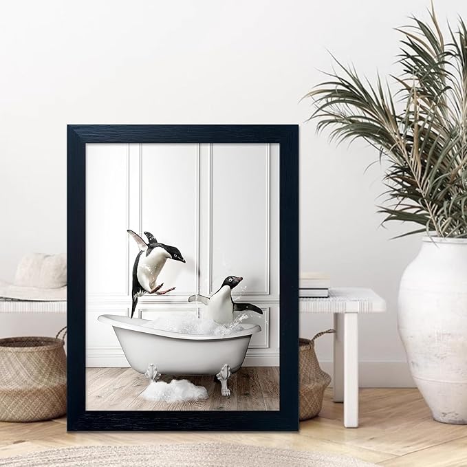 Kids Bathroom Wall Decor Funny Bathroom Wall Art Black and White Wall Decor Cute Penguins in Bathtub Canvas Print Painting Framed Farmhouse Animal Artwork