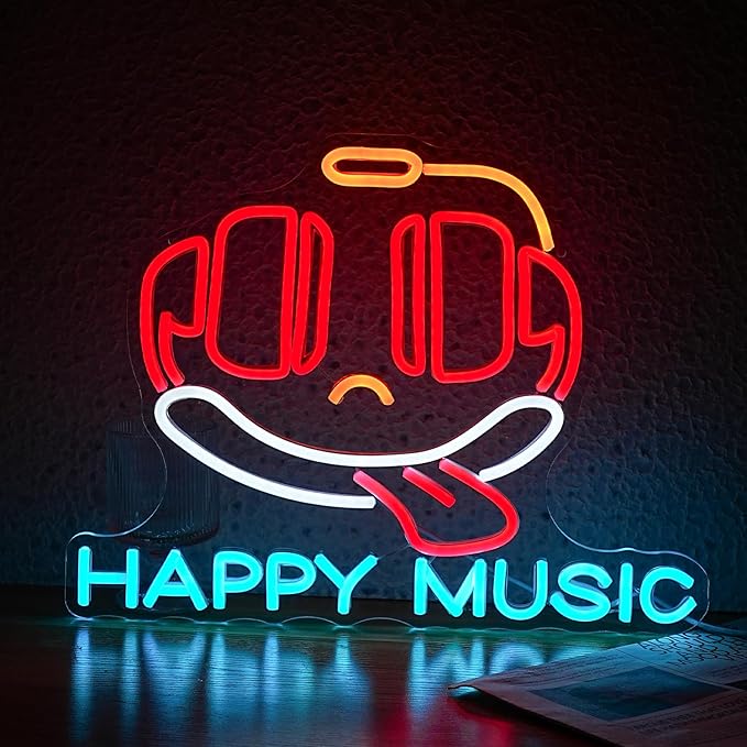Headphone Neon Sign Dimmable Led Happy Music Neon Light for Wall Decor USB Cute Headset Figure Neon Light Sign for Music Studio Bar Live Music Party Bedroom