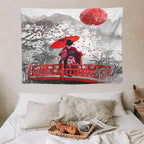 Japanese Red Geisha Tapestry Asian Cherry Blossom Red Sun Traditional Kimono Folk Tapestries Home Decor for Living Room Bedroom Apartment Farmhouse Dorm 40"x30"