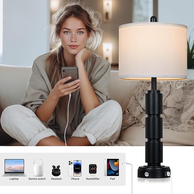 Set of 2 Modern Table Lamps for Living Room Bedroom,29" Tall Bedside Lamp with 2 USB Port,Black Metal Touch Nightstand Lamp for Desk End Side Table Entryway,Black