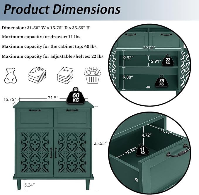 Kitchen Storage Cabinet with Drawers - Accent Cabinet with Carved Door, Floor Sideboard Buffet with Storage, Small Wood Credenza for Living Room, Dining Room, Entryway, Green