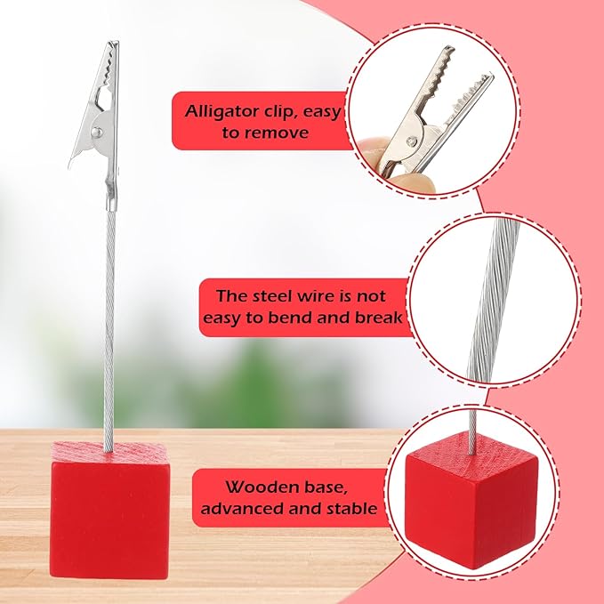 20 Pcs Cube Base Memo Clip Holder with Alligator Clip Wood Table Number Holder Cube Base Place Card Stand Mini Photo Menu Stand for Displaying Number Card(Red)