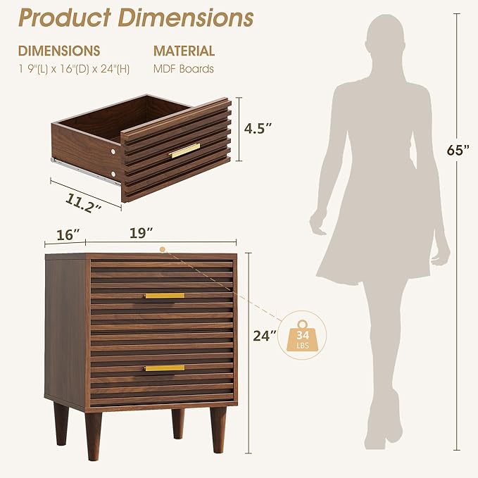 Alohappy Nightstand, Mid Century Modern Night Stands, Fluted Bedside Table for Bedroom, End Table with Storage Drawers, Vintage Bed Side Table Wood Accent Table for Living Room, Brown 1pc