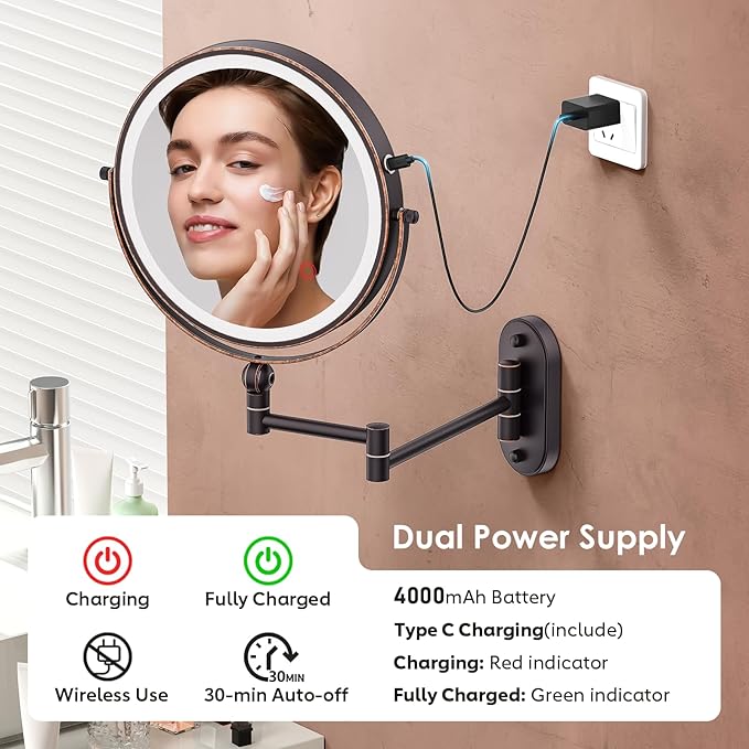 9" Wall Mounted Lighted Makeup Mirror,4000mAh Rechargeable Double Sided 1X/10X Magnifying Mirror with Light,3 Color Lights,Touch Dimmable,Extended Arm 360 Rotation Wall Mounted Makeup Mirror (Bronze)