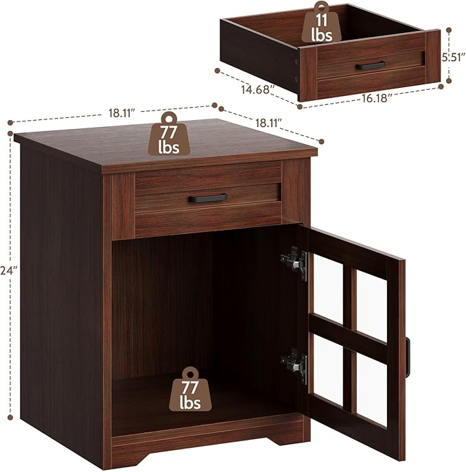 Farmhouse End Table with Drawer, 18" Large Side Table with Storage Cabinet and Acrylic Door, Wood Nightstand Bedside Table for Living Room, Bedroom (Espresso)
