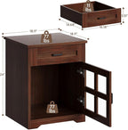 Farmhouse End Table with Drawer, 18" Large Side Table with Storage Cabinet and Acrylic Door, Wood Nightstand Bedside Table for Living Room, Bedroom (Espresso)