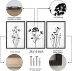 Flower Plant Wall Art Decor 24"x16" Set of 3 Black And White Botanical Painting Wood Framed For Minimalist Bedroom Office Rustic Living Room Abstract Wildflower Sign Hanging (Black)
