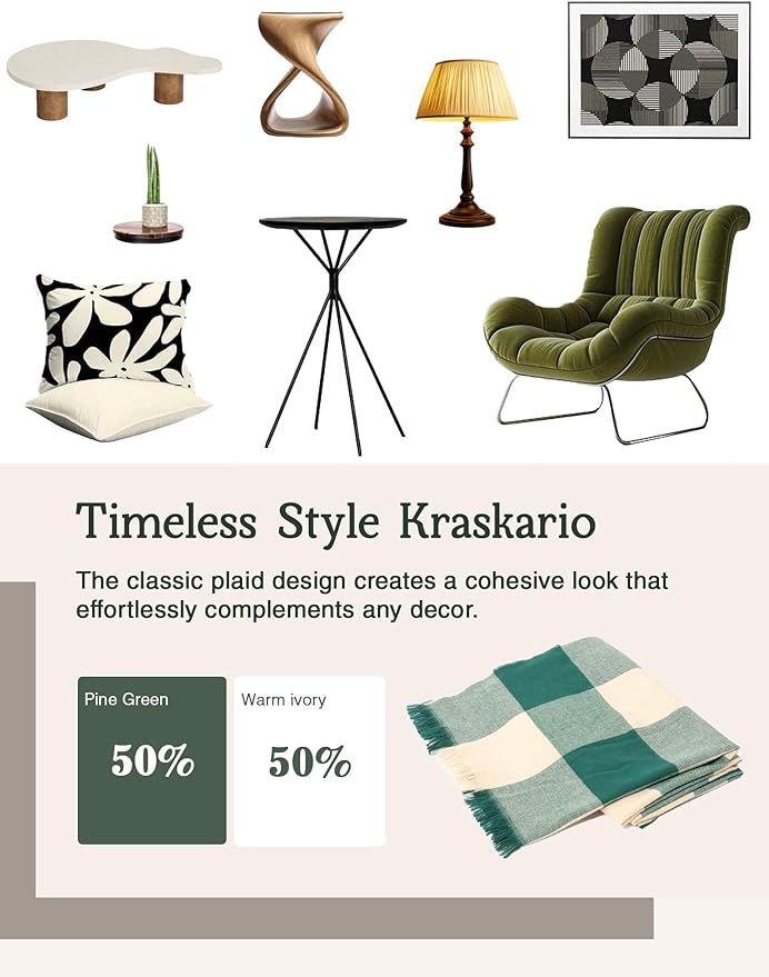 ZonLi Green Checkered Throw Blanket, 50" x 60" Christmas Decorative Blankets, Decorative Vintage Throws with Tassel for Couch, Bed, Sofa, Chair, Outdoor, Cozy Warm Lightweight Farmhouse Blankets