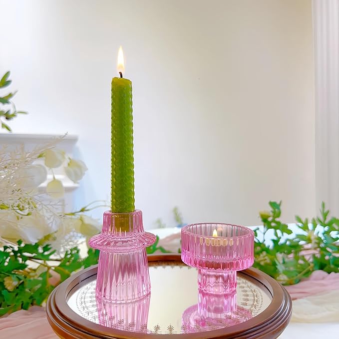 Double Sided Vintage Ribbed Taper Glass Candle Holders,Tea Candle Holder for Table Centerpieces, Wedding Decorations and Dinner Parties (Pink, 3 PCS)