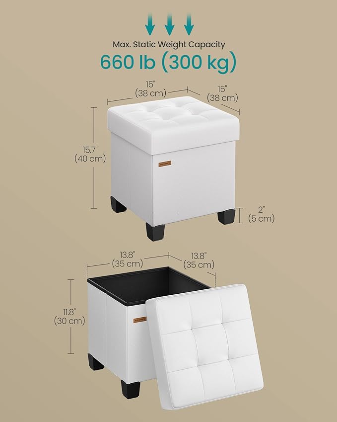 SONGMICS Storage Ottoman, Cube Ottoman with Legs, 15 x 15 x 15.7 Inches, Footstool, Footrest, 10 Gal. (37 L), Synthetic Leather, for Bedroom, Living Room, Dorm, Cloud White ULSF0512W02