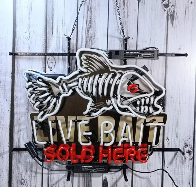 Neon Signs Beer Bar Bedroom Live Bait Sold Here Glass Neon Signs for Office Hotel Pub Cafe Party Man Cave Neon Light Art Wall Lights 24 X 20 Inches